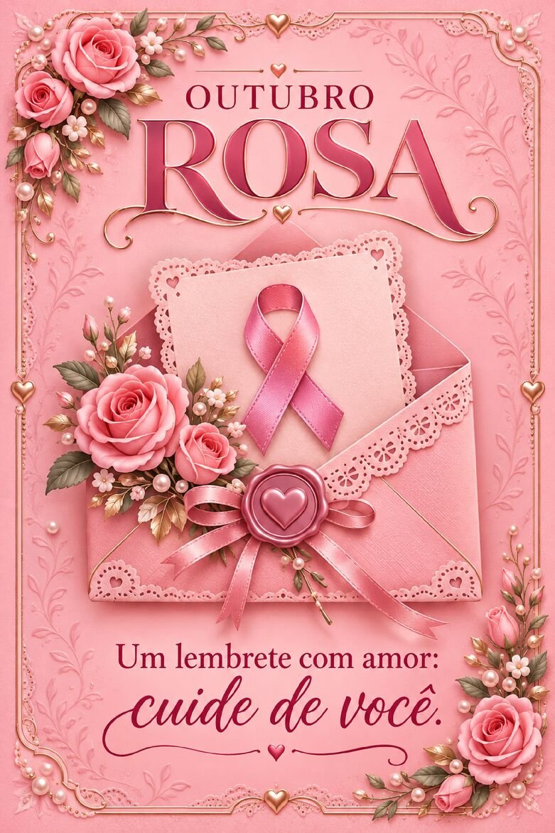 Cartão Outubro Rosa com envelope rosa ornamentado, laço de conscientização, rosas e selo de coração